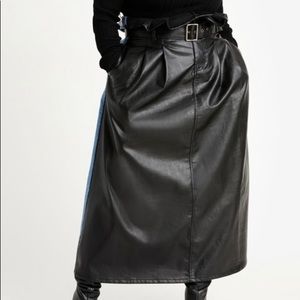 NWT —> Black faux leather and denim belted paper bag waist skirt